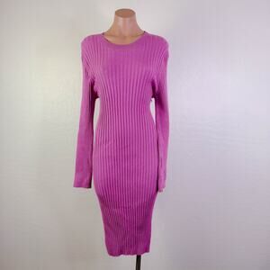 Stitchdrop Crew Neck Rib Knit Long Sleeve Bodycon Midi Sweater Dress Pink L NWT